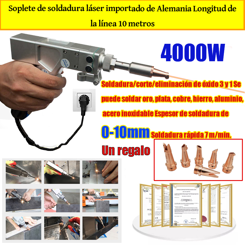 Antorcha láser multifunción de 4000 W (oro/plata/cobre/hierro/aluminio/acero inoxidable) Espesor de soldadura 0-10 mm (soldadura/corte dos en uno)