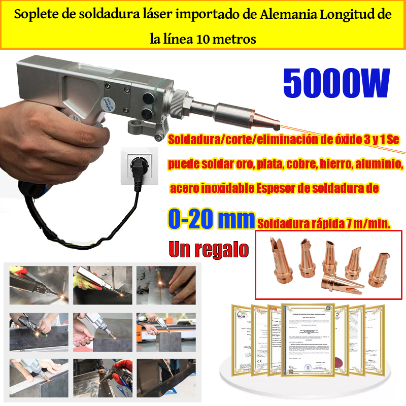 Lámpara láser multifunción de 5000 W (soldadura de oro/plata/cobre/hierro/aluminio/acero inoxidable) Espesor de soldadura de 0-20 mm (soldadura/corte/eliminación de piedra 3 en 1)