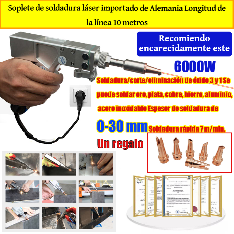 Antorcha láser multifunción de 6000 W (soldadura de oro/plata/cobre/hierro/aluminio/acero inoxidable) Espesor de soldadura de 0-30 mm (soldadura/corte/despedregador 3 en 1)