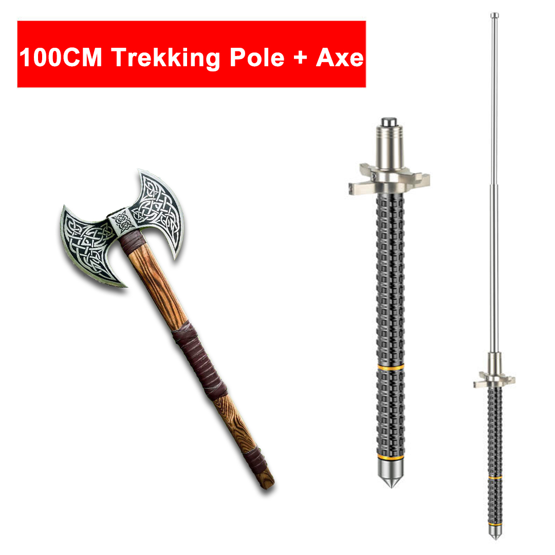 100CM Trekking Pole + Asg Wood Leather Wrapped Handle Magic Rune Axe